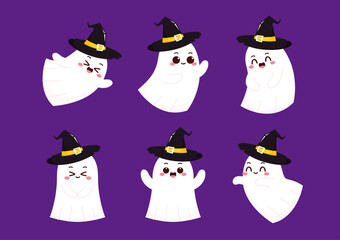 Cute ghost floating with Halloween pumpkin basket for Trick or Treat. Funny spooky boo character. Spook phantom with happy smiling face expression. Isolated kids flat vector illustration.