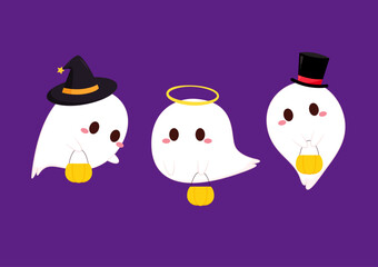 Cute ghost floating with Halloween pumpkin basket for Trick or Treat. Funny spooky boo character. Spook phantom with happy smiling face expression. Isolated kids flat vector illustration.