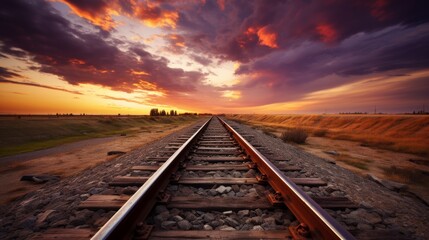 Obraz premium A stunning sunset over an endless railway track, with dramatic clouds in the sky, perfect for travel and landscape photography inspiration.