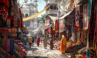 Obraz premium A vibrant Indian street scene with bustling markets, colorful textiles hanging from shop awnings, and the scent of spices filling the air. Realistic.