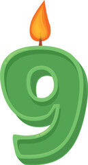 Green number nine birthday candle is burning with a bright flame