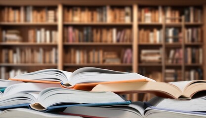 Book stack on the desk in public library