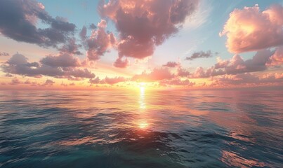 Obraz premium A serene sunset over a calm ocean. Realistic.