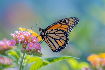 A beautiful image in nature of a monarch butterfly on a lantana flower, summer