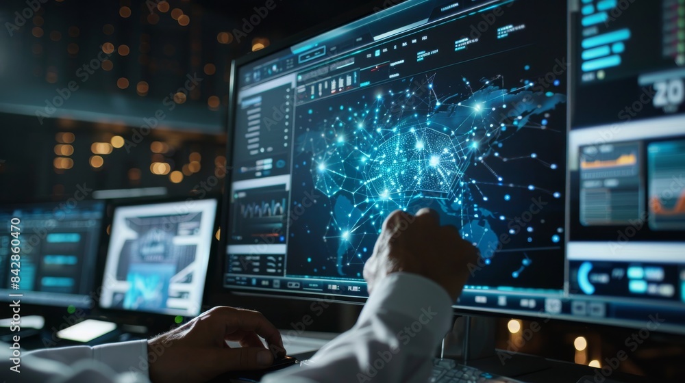 Poster engineer working with charts, graphs, infographics, metric data, statistical data, programming code,