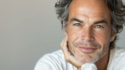 Fototapeta premium A mature man with gray hair and a relaxed smile poses thoughtfully, resting his head on his hand, radiating wisdom and tranquility.