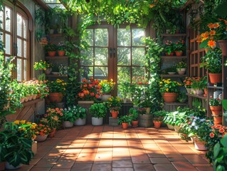 A lush indoor garden filled with potted plants and hanging vines.