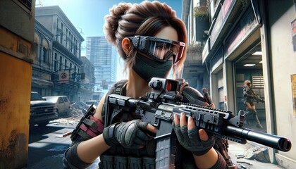 first person shooter game scene and character