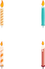 Collection of four different decorated birthday candles with flames, isolated on a white background