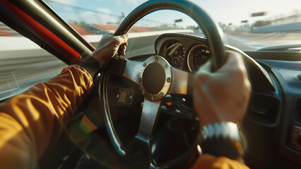 Naklejka premium View from behind the steering wheel of a fast car speeding on a racetrack, evoking excitement and adrenaline of high-speed racing.