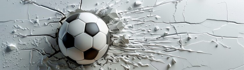Dynamic image of a soccer ball crashing through a cracked wall, symbolizing energy, impact, and sport intensity.