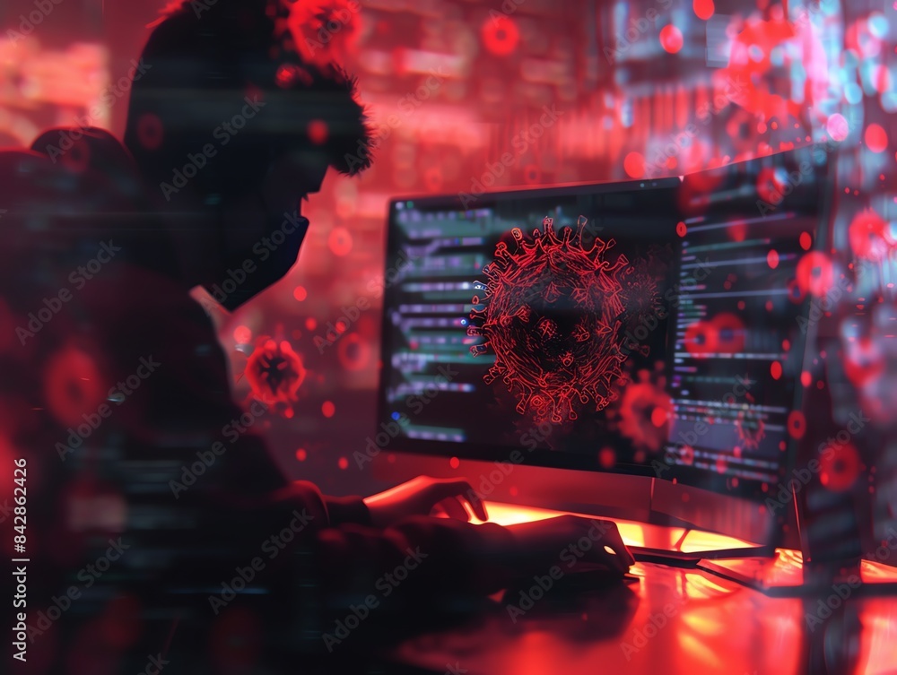 Poster a silhouette of a hacker working on a computer with virus-infected codes and symbols on screens in a