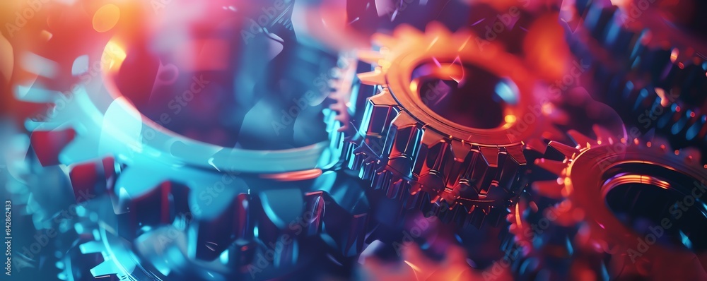 Poster a close-up of vibrant cogs and gears in motion. the colorful and intricate mechanical parts highligh