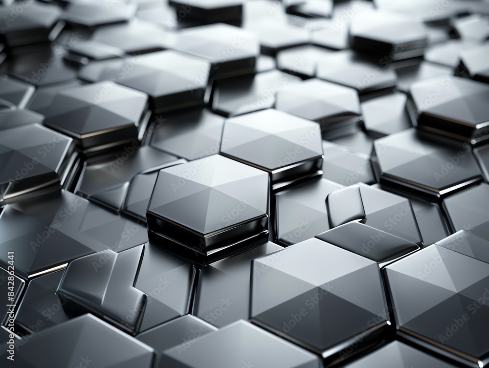 Poster Abstract 3D geometric hexagonal pattern in metallic black, creating a modern and futuristic background.