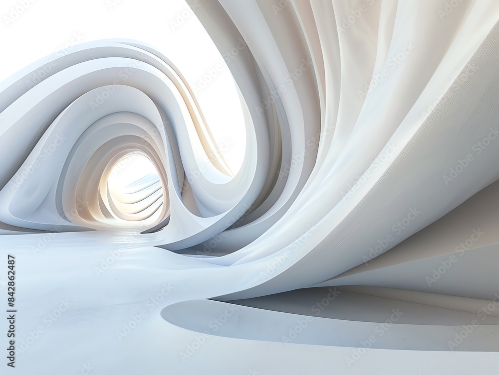 Poster abstract architectural design with smooth, flowing curves and light play creating a futuristic, mini
