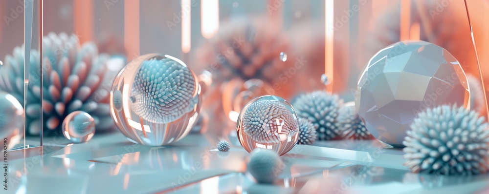Poster abstract 3d rendering of geometric shapes and glass spheres with pastel hues, creating a futuristic 