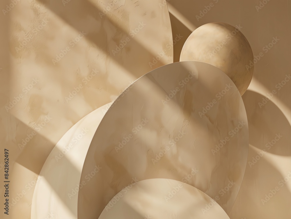 Poster abstract background with geometric shapes in soft beige tones, featuring spheres and shadows casting