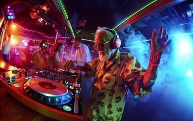 Cool senior DJ mixing music at a nightclub