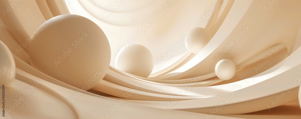 Poster abstract composition with smooth, curved shapes and round spheres in a minimalist, cream-colored des
