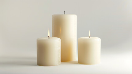 Minimalistic arrangement of three lit white candles, blending simplicity and tranquility against a serene background.