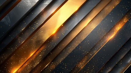 Abstract metallic background with orange and black diagonal lines, glowing highlights, and particles.