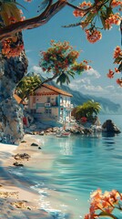 Obraz premium A charming beach scene, realistic.
