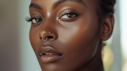 A close-up shot capturing the intense gaze of a person with dark skin, highlighting beautiful facial features and a nose piercing.