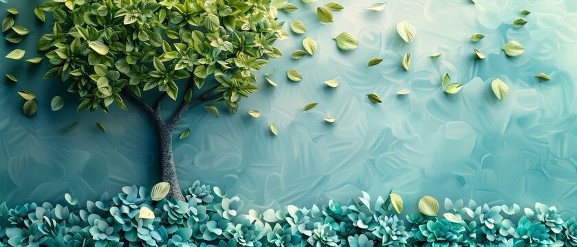 Artistic image of a tree with green leaves on a textured background, some leaves falling, representing change and tranquility.