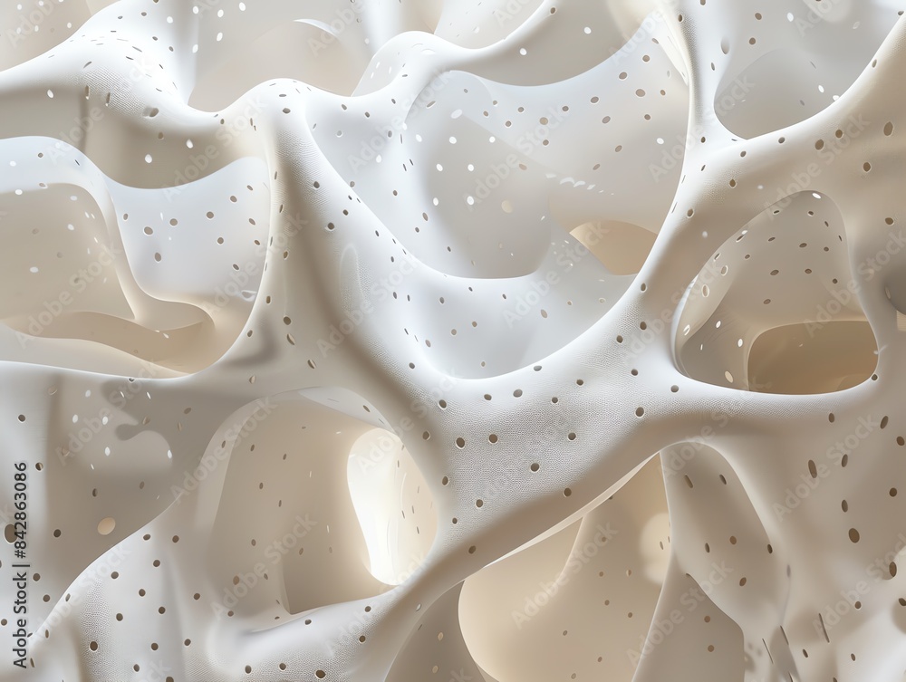 Poster abstract white perforated texture resembling organic forms, capturing a blend of fluidity and struct