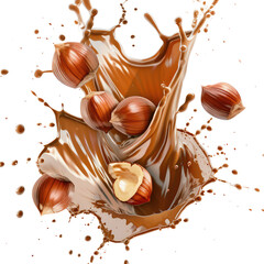 Hazelnuts with chocolate splash isolated on transparent background.