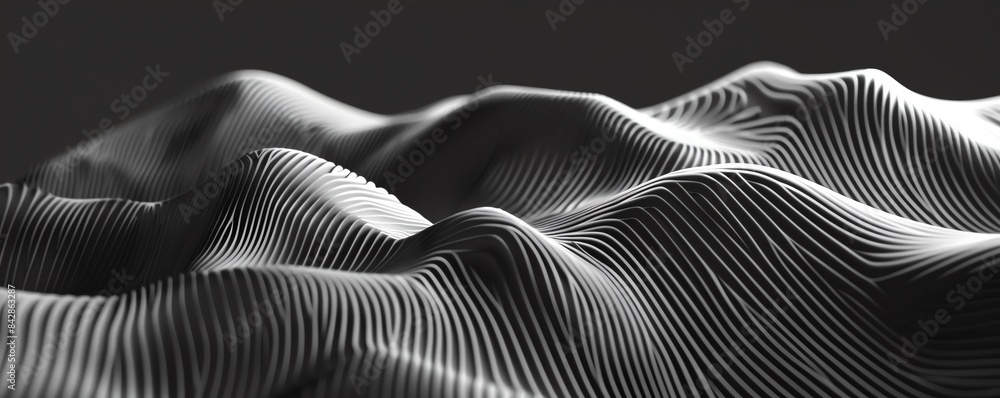 Poster futuristic black and white abstract 3d waves with striped texture and smooth curves, creating an art