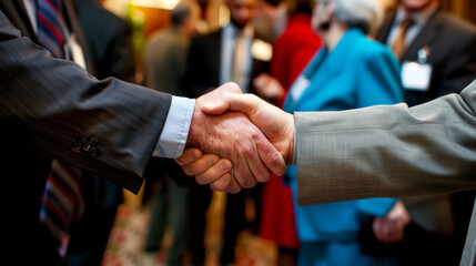 Two individuals shake hands in a professional setting, symbolizing agreement and connection amidst a gathering of business professionals.