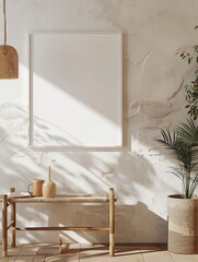 Empty white frame mockup against a textured white wall, perfect for showcasing custom artwork