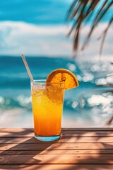 A vibrant orange cocktail with a slice of orange and a straw, set on a wooden table with a stunning beach and ocean view in the background, capturing the essence of a perfect tropical getaway.