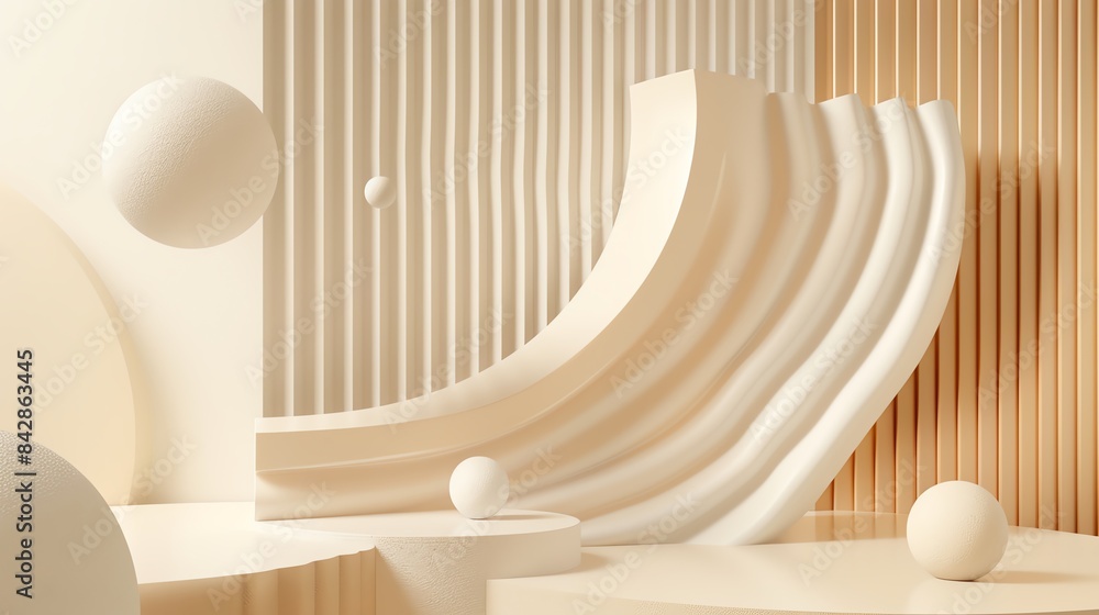 Poster modern abstract 3d rendering with geometric shapes and neutral colors, featuring spheres and curved 
