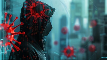 Hacker in a hooded jacket amidst floating digital virus symbols, symbolizing cybersecurity threats in a futuristic urban environment.
