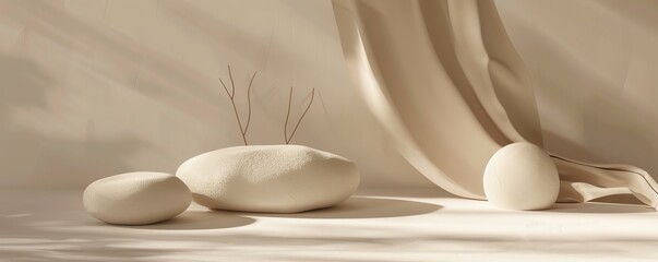 Minimalist composition of smooth stones with a soft fabric backdrop in neutral tones, creating a serene and balanced aesthetic.