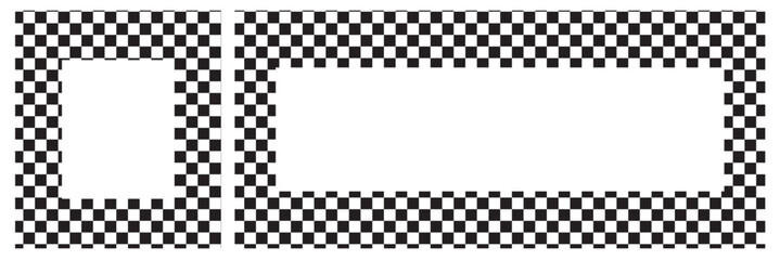 Rectangle frame with checkered print on borders. Rectangular vignette with checkerboard, race flag or chess game pattern isolated on white background. Vector graphic illistration.