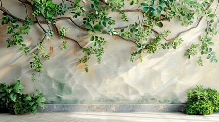 Sunlit wall with creeping vines and potted plants creating a serene and natural green living interior design environment.