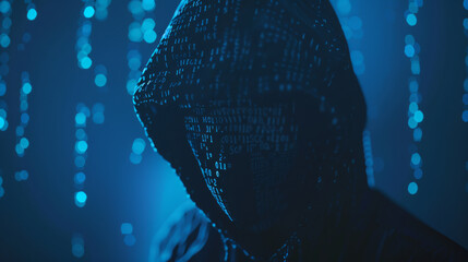 A hooded figure shrouded in code stands in a dimly lit room, symbolizing cyber security and the enigmatic world of hacking in a digital blue hue.