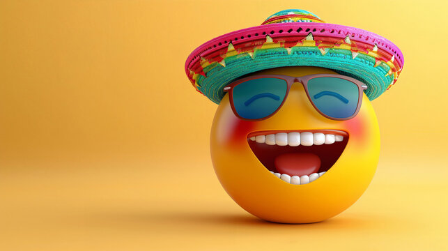 horizontal image, front view 3d laughing emoji in sombrero on isolated yellow background, copy space for text.  For banner, design, World Emoji Day, presentation