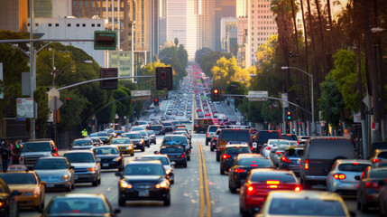 A snapshot of a busy city street filled with vehicles during rush hour, framed by tall buildings and the distant glow of the setting sun.