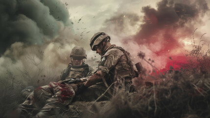 Two soldiers in full gear, one comforting the other in a chaotic, war-torn environment with dark smoke and red skies.