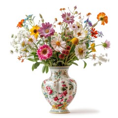 Obraz premium Delicate Beauty - Ceramic Vase with Vibrant Flowers on White Background
