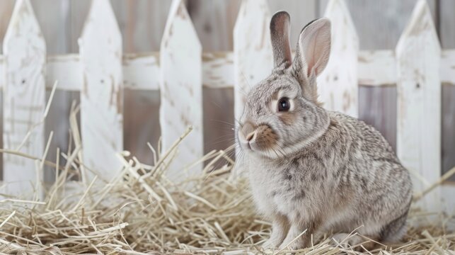 A gray rabbit sits in a bed of hay, with a white picket fence in the background.