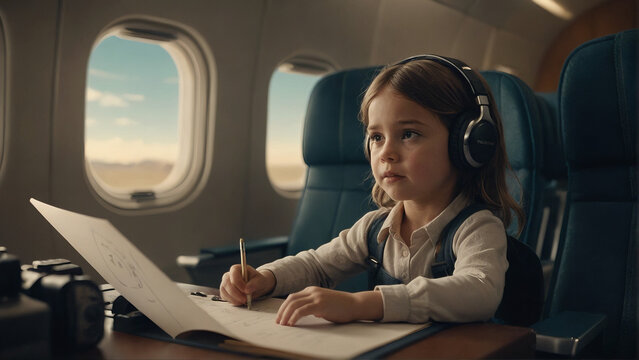 A cute girl studying on an airplane