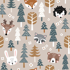 Seamless vector pattern with cute woodland animal heads, trees and flowers. Hand drawn illustration. Perfect for textile, wallpaper or nursery print design.