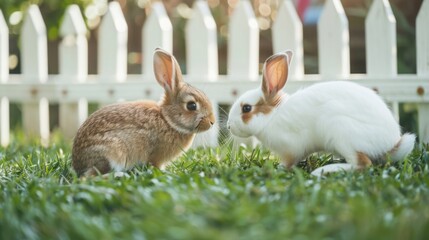 Fototapeta premium Two rabbits, one brown and one white, are sitting in a grassy garden. They are both looking at each other. The background is a white picket fence.