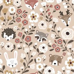 Seamless vector pattern with cute woodland animal heads on floral background. Hand drawn illustration. Perfect for textile, wallpaper or nursery print design. © MirabellePrint