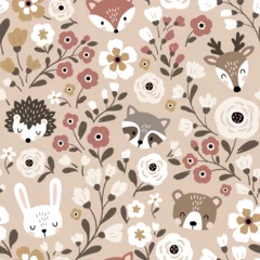 Gardinen Kinderzimmer Muster  Seamless vector pattern with cute woodland animal heads on floral background. Hand drawn illustration. Perfect for textile, wallpaper or nursery print design.  © MirabellePrint